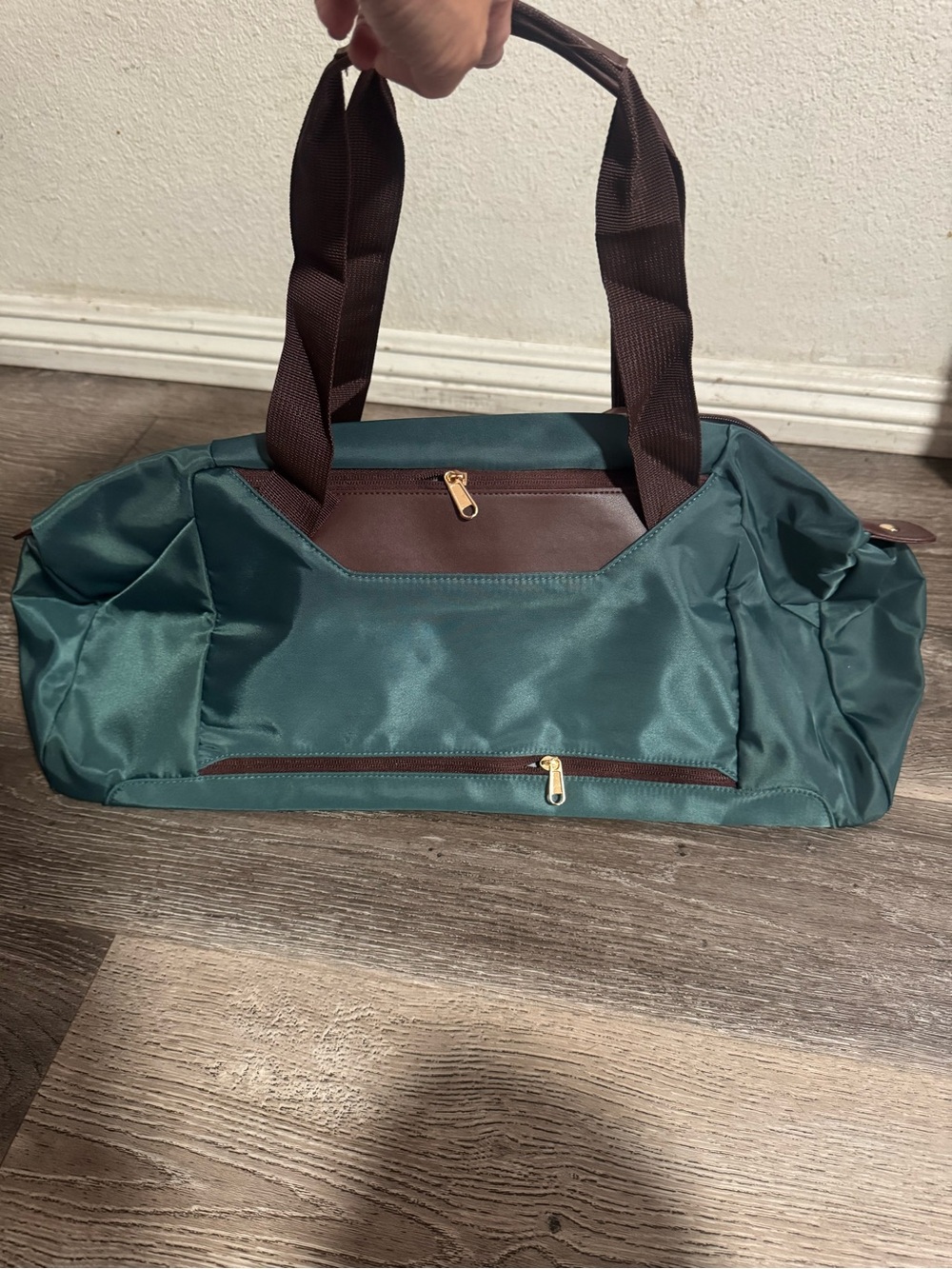 Loulu Green Duffel Bag with Brown Accents